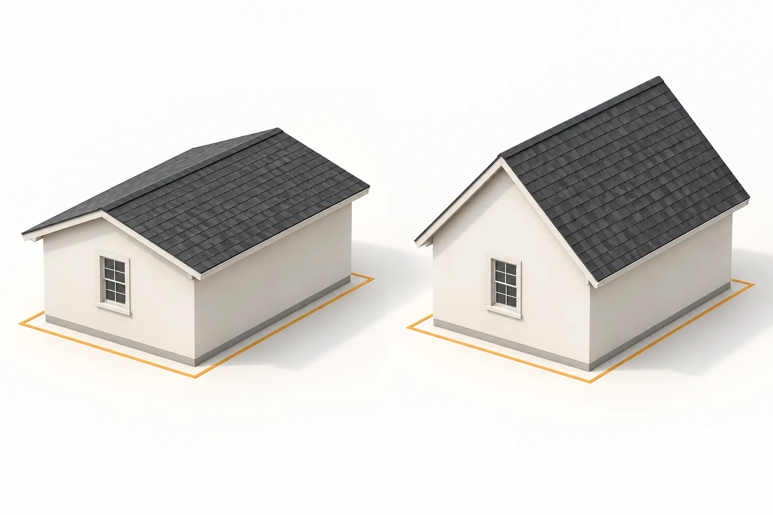 Illustration of two simple roofs over matching footprints, one shallow and one steeper
