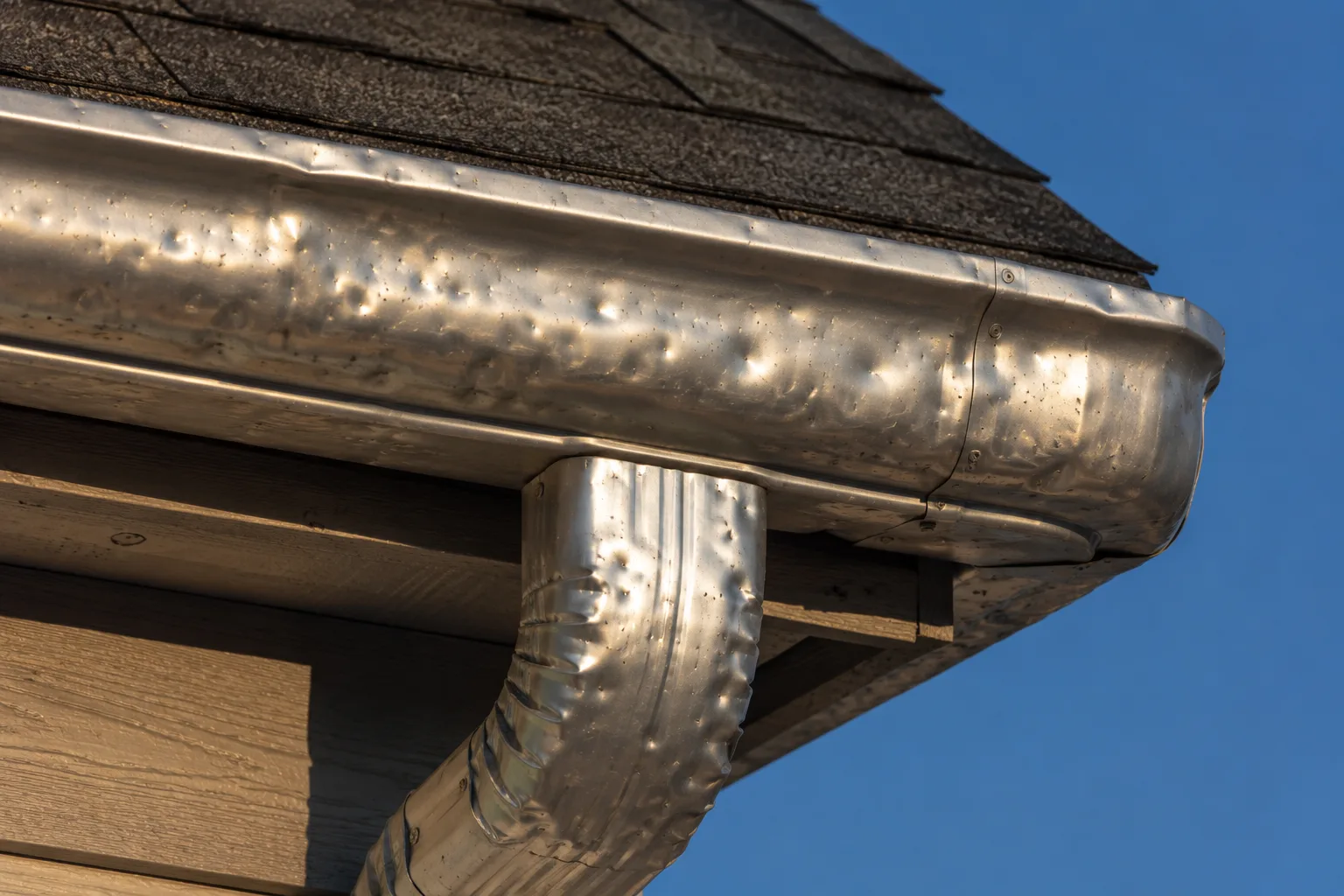 Dents across a metal gutter and downspout beneath a shingle roof edge